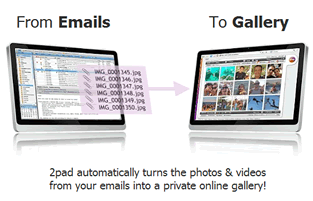 "2pad convierte automáticamente fotos y videos enviados desde tu correo en una galería privada en línea".
