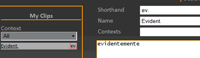 Una captura de la creación de un clip de ejemplo, para usar "ev." y barra espaciadora como atajo de "evidentemente".