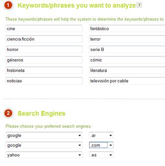 Una lista de keywords o términos para los que se desea una mejor posición en los resultados de búsqueda de los buscadores, debajo.