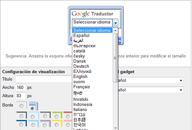 Configuración de Google Translate My Page. Además de elegir el idioma del sitio, también permite definir el utilizado por el gadget.