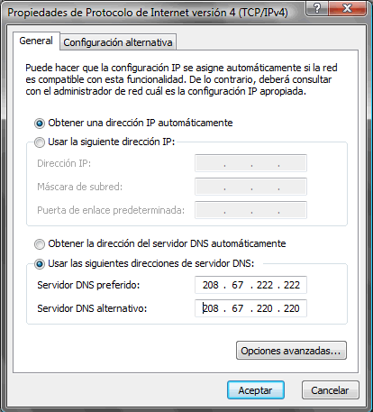 Configuración de OpenDNS en Windows Vista