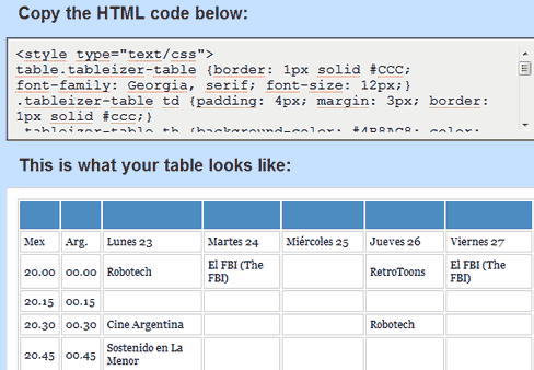 Ejemplo de hoja de cálculos convertida a tabla HTML.